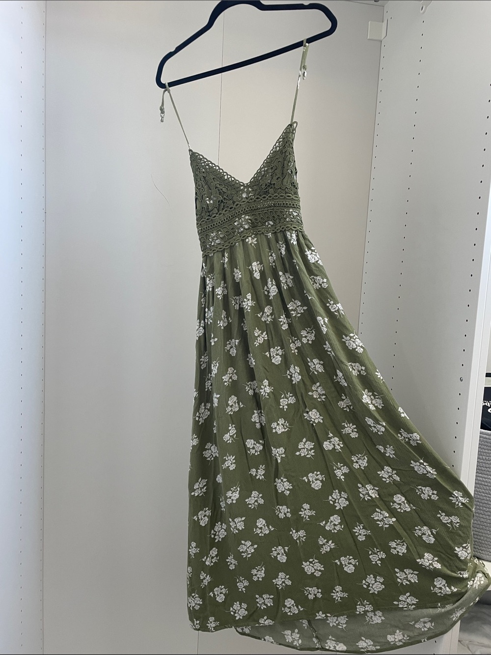 Crocheted Olive Green Floral Maxi Dress with Spaghetti Straps